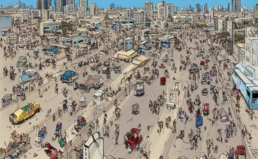 Prompt: the busy streets of abu Dhabi, art by geoff Darrow, high quality, extremely detailed,