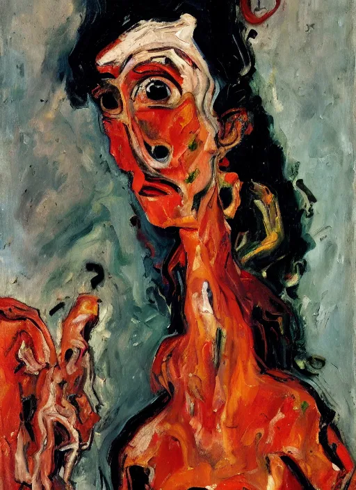 Image similar to an oil painting of a woman looking distressed, intense eyes, in a red dress posing with meat in expressive style of Chaim Soutine and Frank Auerbach, palette of maroon alizarin and dark gray greens, thick impasto painting technique