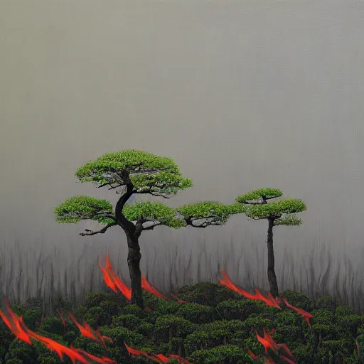 Prompt: a surreal painting of a bleak forest of small japanese bonsai trees on fire, smoke in the sky, people standing around screening and running, ominous, oil on canvas