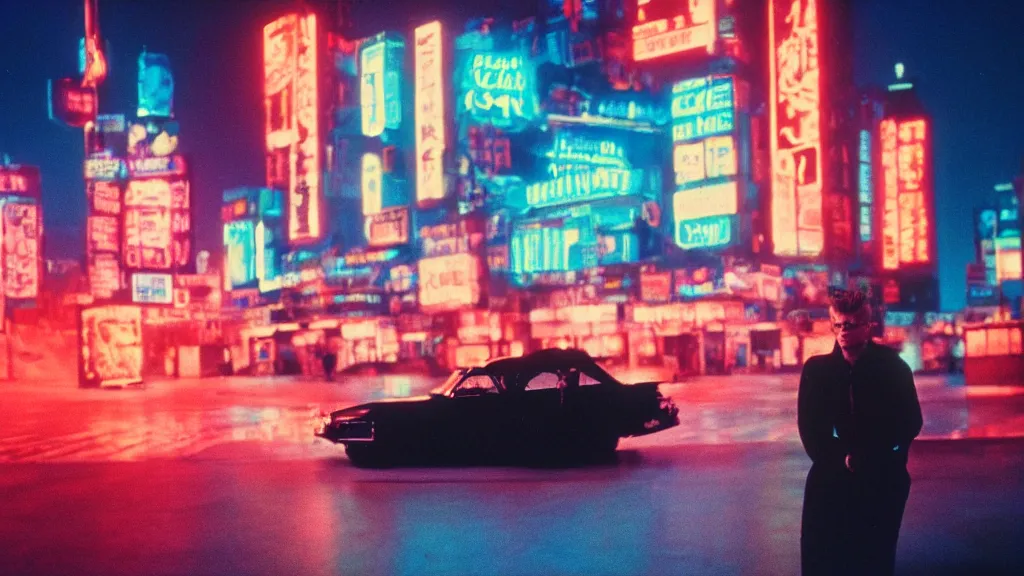 Prompt: James Dean in a cyberpunk cityscape with neon lights, Cinestill 800t film photo