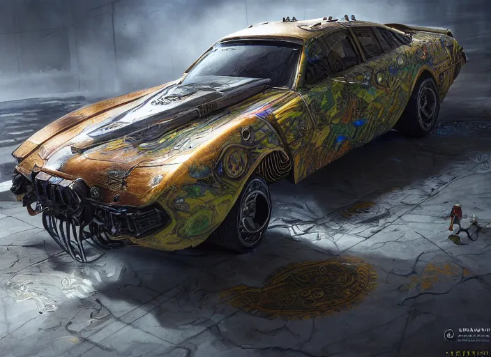 Prompt: detailed concept art illustration oil painting of a solarpunk muscle car in full intricate detail, ultra detailed, digital art, octane render, 4K, dystopian, micro details