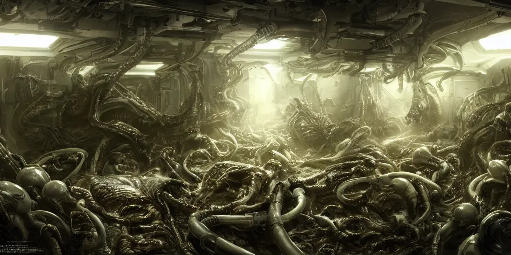 Image similar to Biolevel 4 Xenomorph experiment gone wrong in Weyland Yutani bio labs, by Chris Tulloch McCabe, realistic, detailed, trending on artstation, wallpaper, wide angle, 16mm