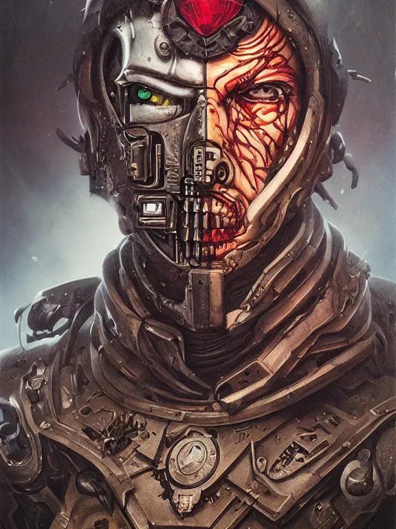 Image similar to art portrait of an undead space marine ,8k,by tristan eaton,Stanley Artgermm,Tom Bagshaw,Greg Rutkowski,Carne Griffiths, Ayami Kojima, Beksinski, Giger,trending on DeviantArt,face enhance,hyper detailed,minimalist,cybernetic, android, blade runner,full of colour,