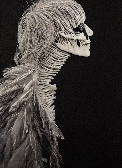 Image similar to a womans face in profile made of feathers skeleton in the style of the dutch masters and gregory crewdson dark and moody