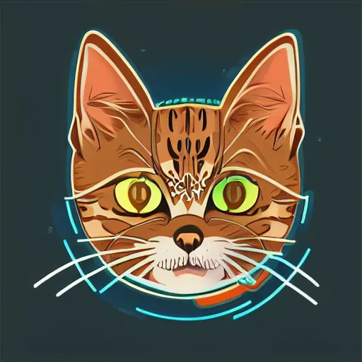 Image similar to a simplified vector based illustration about a cyberpunk kitten, centred face portrait, space colors, smooth and clean vector curves, no jagged lines