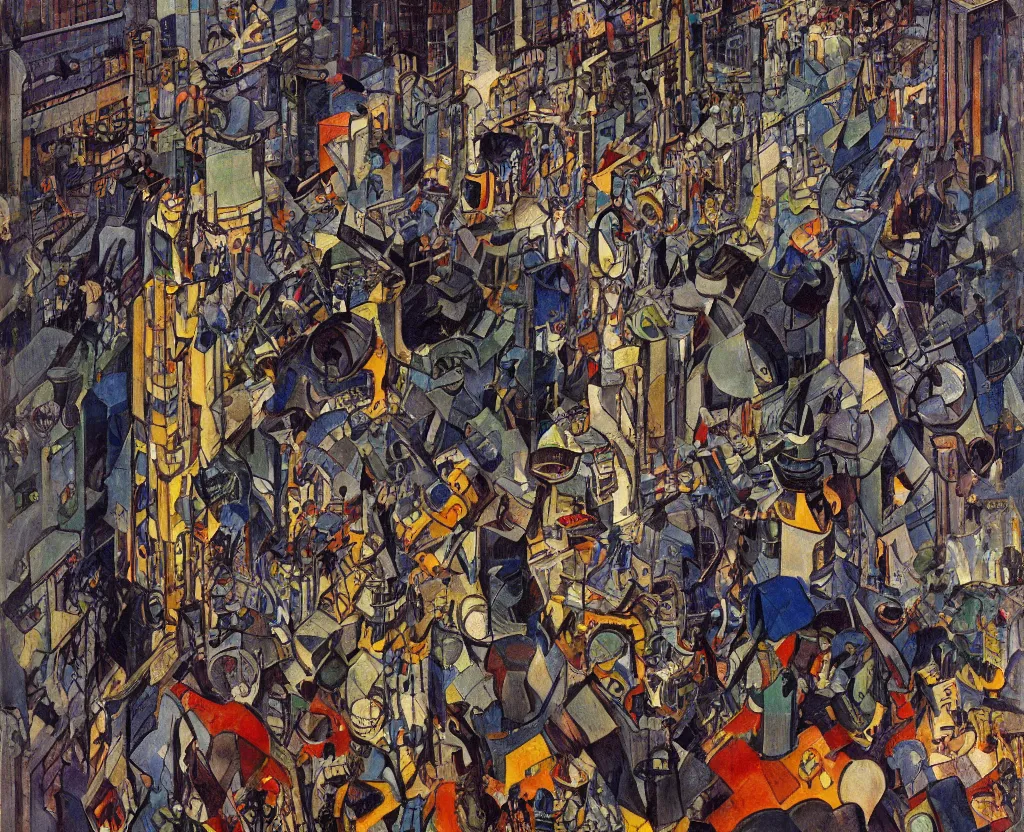 Prompt: an angry mob chasing a giant robot along a glass and steel street as by moebius, george luks, and georges braque, extreme detail, saturated color scheme