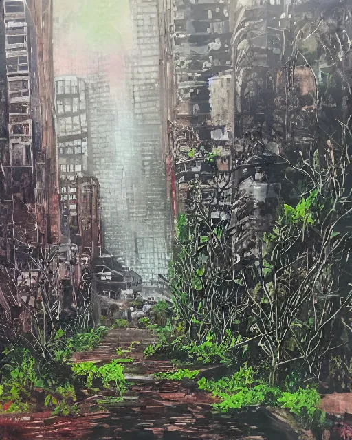 Prompt: abandoned overgrown city, acrylic