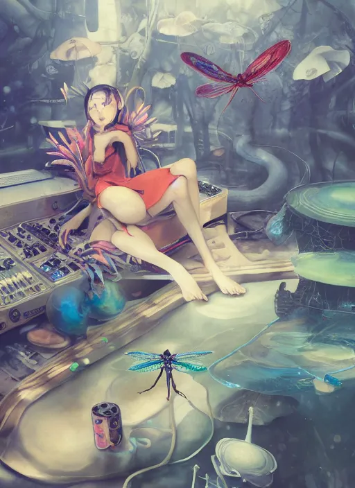 Image similar to surreal gouache painting, by yoshitaka amano, by ruan jia, by Conrad roset, by good smile company, detailed anime 3d render of a wild mushroom Surrounded by magical dragonfly and a big DJ Mixer, deck, portrait, cgsociety, artstation, rococo mechanical and Digital and electronic, dieselpunk atmosphere