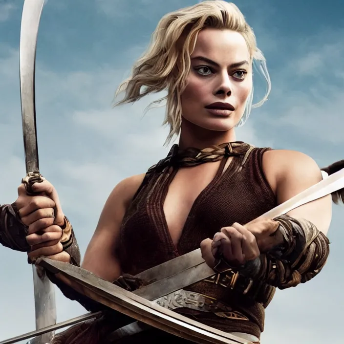 Image similar to margot robbie, holding broadsword. very coherent symmetrical artwork. cinematic, high detail, octane render, 8 k