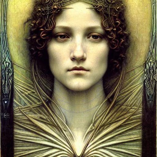 Image similar to detailed realistic beautiful young medieval queen face portrait by jean delville, gustave dore and marco mazzoni, art nouveau, symbolist, visionary, gothic, pre - raphaelite. horizontal symmetry