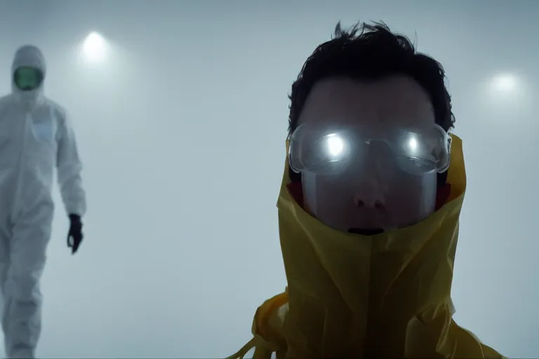 Prompt: an ultra realistic cinematic portrait of a skinny evil male scientist, stood in a hazmat suit, fog, detailed, backlight, deep focus, movie still, moody lighting, by werner herzog