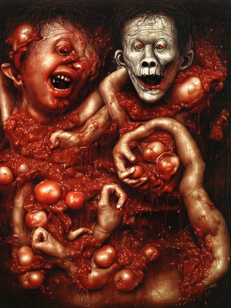 Prompt: a boy like eraserhead and elephant man sitting in a tub full of tomato sauce, looking straight into camera, screaming in desperation, a forgotten ritual, by giuseppe arcimboldo and ambrosius benson, renaissance, fruit, intricate and intense oil paint, a touch of beksinski and hr giger and edward munch, realistic