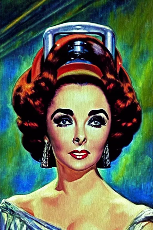 Image similar to impressionism painting of a d & d style retro sci - fi elizabeth taylor beautiful face and wearing full detailed clothing