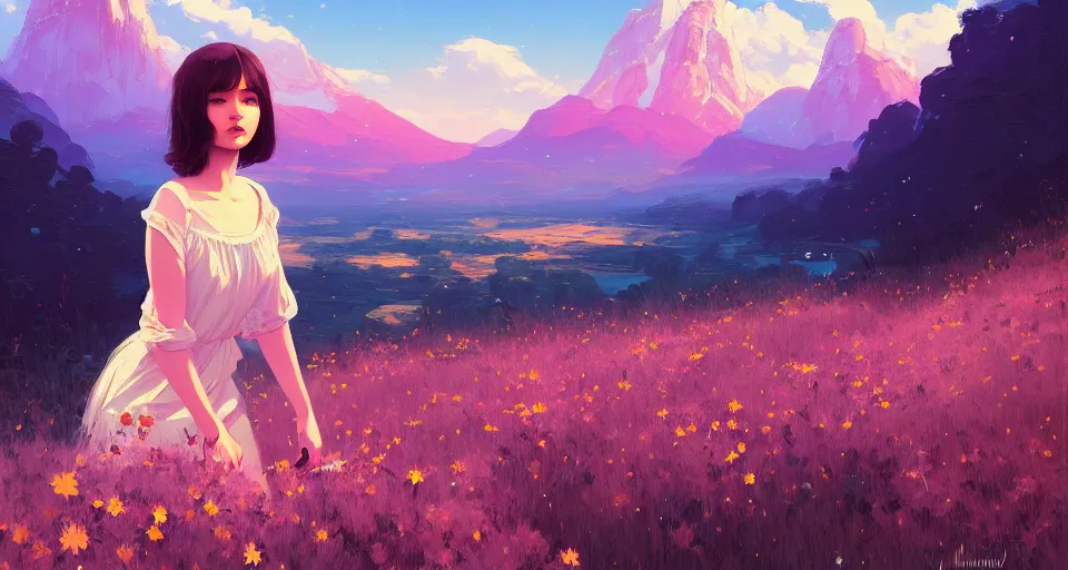 Prompt: a girl clothed in serene flowers behind a beautiful mountain landscape, night setting. realistic shaded lighting poster by ilya kuvshinov katsuhiro, magali villeneuve, artgerm, jeremy lipkin and michael garmash, rob rey and kentaro miura style, trending on art station