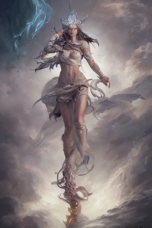 Image similar to beautiful girl warrior in white dress, casting magic spell, angel, magic storm and thunder clouds, fantasy, magic the gathering, hyper detailed, 3 d render, hyper realistic detailed portrait, peter mohrbacher, wlop, ruan jia, luis royo