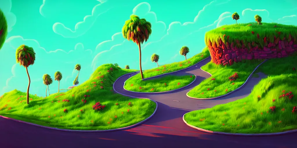 Image similar to curled perspective digital art of curly clouds cobblestone street with wildflowers to a casino in top of a hill with curly palmtrees by anton fadeev from nightmare before christmas