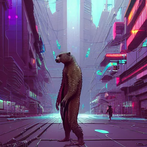 Image similar to A cyberpunk otter cyborg on the street of a cyberpunk city art by Josan Gonzalez, sci-fi, highly detailed, digital painting, artstation, smooth, sharp focus, illustration, concept art by Josan Gonzalez and James Gurney and Mœbius