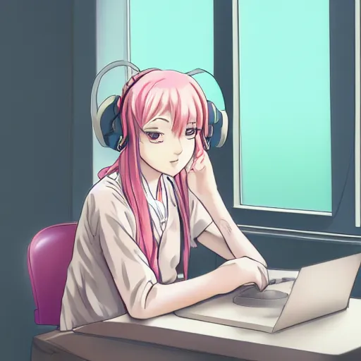 Image similar to high definition anime portrait of an anime girl with pastel colored hair sitting at a desk studying with headphones on, background is a window looking out into a busy Tokyo district, lo-fi art, masterpiece by Hirohiko Araki, trending on artstation, sharp high quality anime, digital art, photoshop, proportionate, ambient lighting, clear facial festures