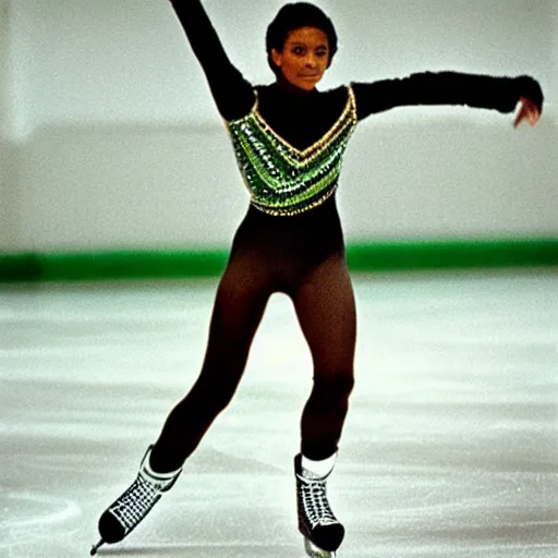 Image similar to a medium full shot, german and eastern european mixture polaroid photograph depicting a black woman with dark brown skin, long, swirling black hair, and jade colored eyes, she is ice skating. she is wearing wearing a ice skating ensemble in 1 9 8 2.