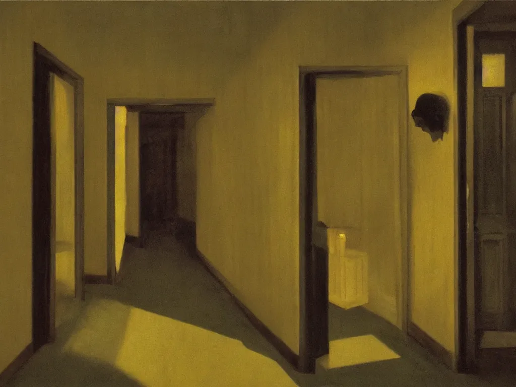 Image similar to the shinning hotel hallway, 70s, americana, dim, dark, lone scary silhouette in the distance, ultra view angle view, realistic detailed painting by edward hopper