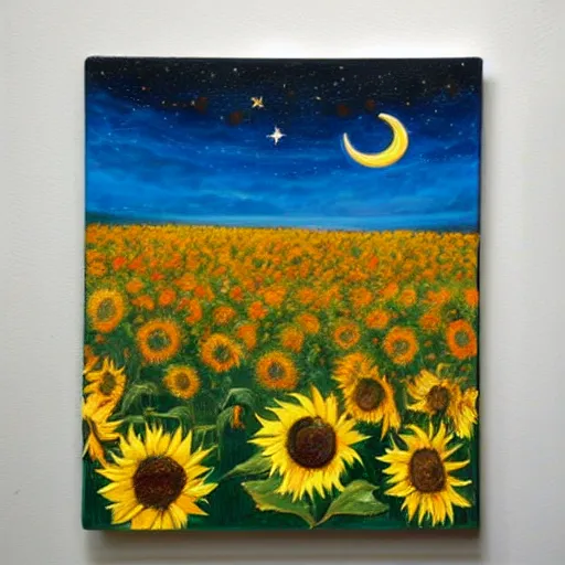 Prompt: The painting is of a night sky, with stars and a crescent moon. In the foreground are sunflowers. The brushstrokes are thick and visible, giving the painting a textured look. The colors are mostly dark, but there are also some yellows and blues.