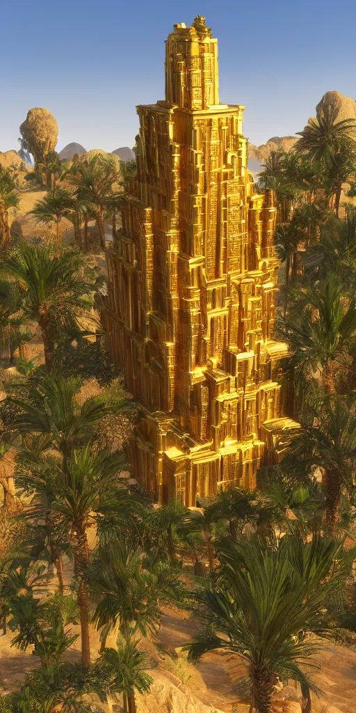 Image similar to eye level view of a golden detailed babylon tower, fantasy, golden hour, photorealism, arid mountains and lush palm forest, unreal engine