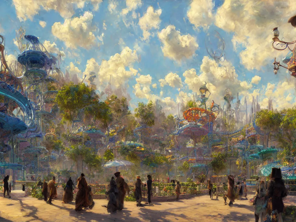 Prompt: impressionist brushstrokes!!!! solomon joseph solomon and richard schmid and jeremy lipking victorian loose genre loose painting of a busy elaborate ornate outdoor sci - fi park, cinematic, shadows, partly cloudy day, 4 k, detailed, by zaha hadid and peter jackson and ridley scott and beeple and greg rutowski