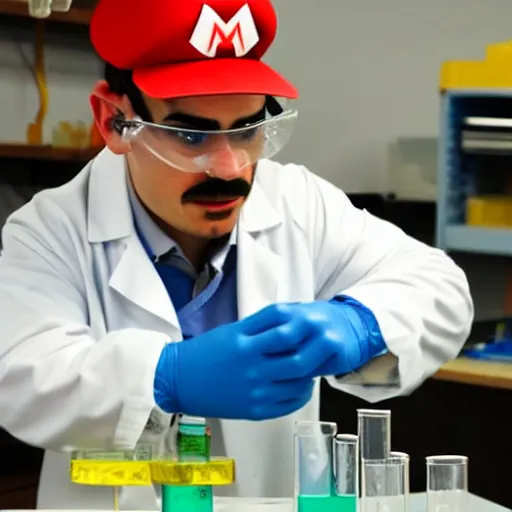 Image similar to Mario in lab doing experiments with his mushroom