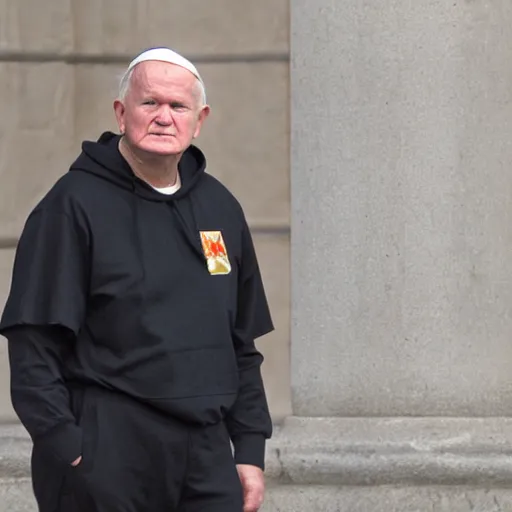 Image similar to john paul ii standing in a black hoodie, black cargo pants and high black boots
