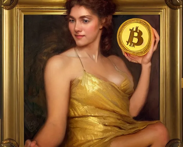 Image similar to attractive woman holding a golden bitcoin, commerial painting by annie liebovitz, gaston bussiere, craig mullins, j. c. leyendecker, 8 k