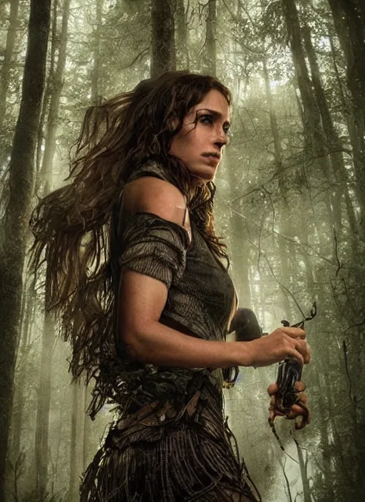 Image similar to Beautiful , Looks like amy jo johnson, In the woods, Dramatic, Edge, Good, Infused, Backlight, De-Noise, VFX, insanely detailed and intricate, hypermaximalist, elegant, ornate, hyper realistic, super detailed