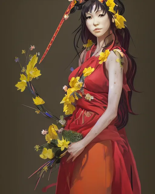 Image similar to studio photo portrait of Misato Katsuragi from Neon Genesis Evangelion wearing floral garlands over her traditional dress. full height portrait of Misato as a slavic pagan priestess wearing traditional pagan dress adorned with golden tiara, concept art by Greg Rutkowski and James Dean and Ross Tran, ultrarealistic octane render, 8k, rtx on, trending on ArtStation