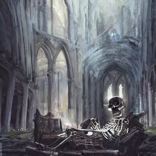 Prompt: Skeleton King wearing ragged clothes resting on a throne inside a ruined cathedral, oil painting, by Fernanda Suarez and Greg Rutkowski