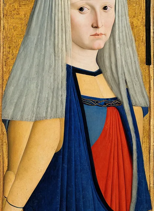 Prompt: portrait of young woman in medieval dress and medieval headdress, blue eyes and blond hair, style by piero della francesca