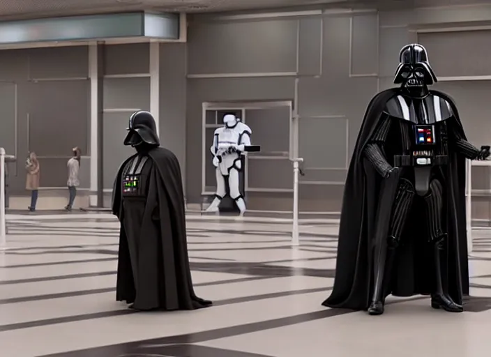 Prompt: film still of Darth Vader waiting in line at the bank in the new Star Wars movie, 4k