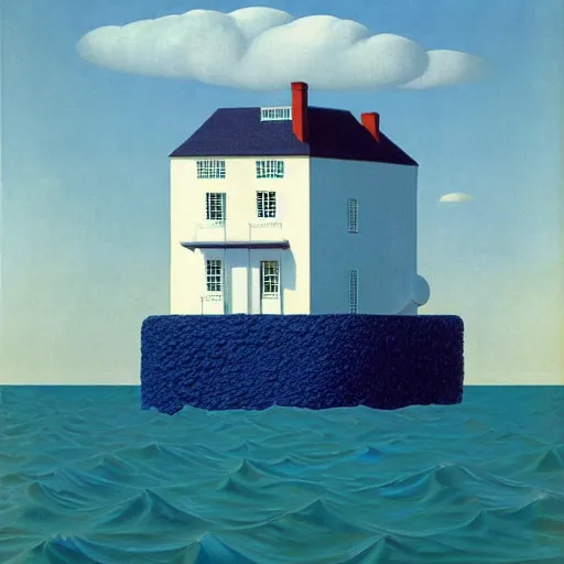 Image similar to a house floating in the middle of an ocean, by Rene Magritte