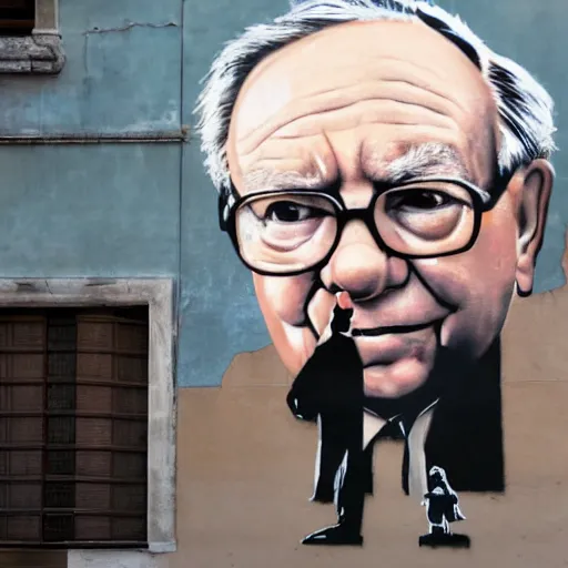 Image similar to A photograph of a Banksy painting of Warren Buffet in Venice
