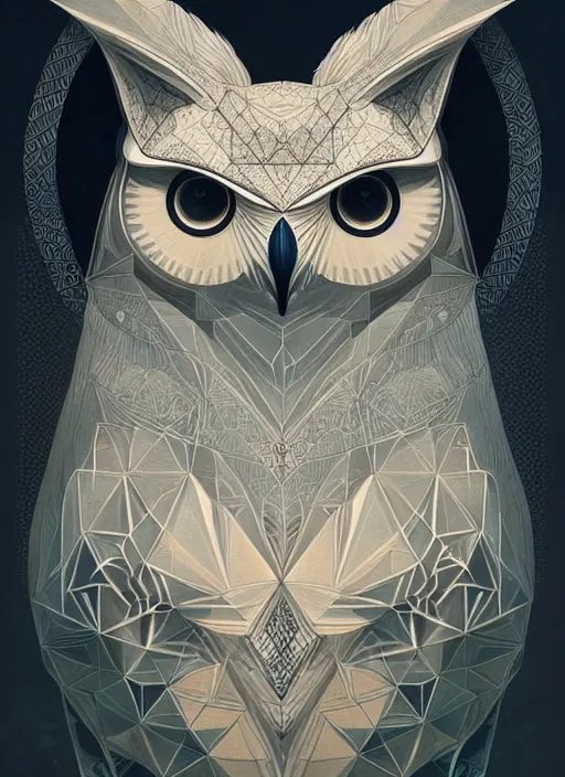 Image similar to portrait of a geometric owl, identical eyes, medium shot, illustration, full body made of white feathers, symmetrical, art stand, super detailed, cinematic lighting, and its detailed and intricate, gorgeous, by peter mohrbacher