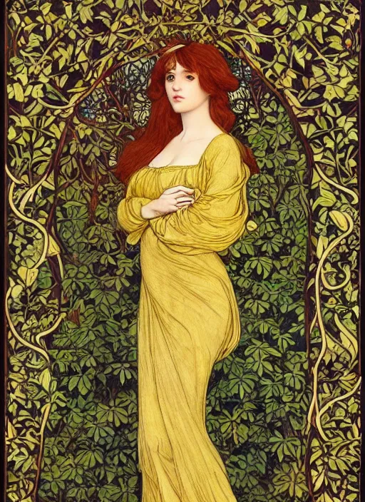 Image similar to masterpiece beautiful seductive flowing curves pose preraphaelite portrait photography, straight bangs, thick set, yellow ochre ornate medieval dress, mushroom forest arch, amongst foliage, william morris and kilian eng and mucha, framed, 4 k