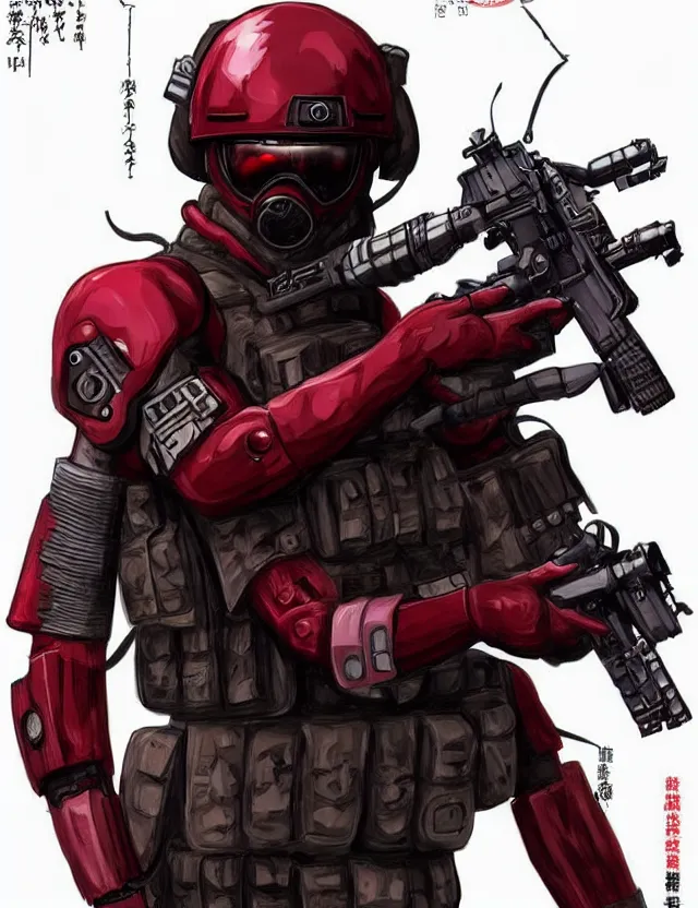 Image similar to a detailed manga illustration of a masked special forces soldier wearing dark red advanced demon - resistant cyborg tactical gear, trending on artstation, digital art, 4 k resolution, detailed, high quality, sharp focus, hq artwork, coherent, insane detail, character portrait