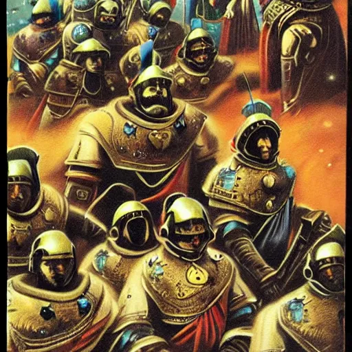 Prompt: helmeted ottoman sultanate space marines, pulp science fiction illustration
