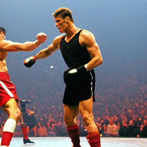 Image similar to movie still of cristiano ronaldo as ivan drago knocking out rocky balboa in rocky 4,