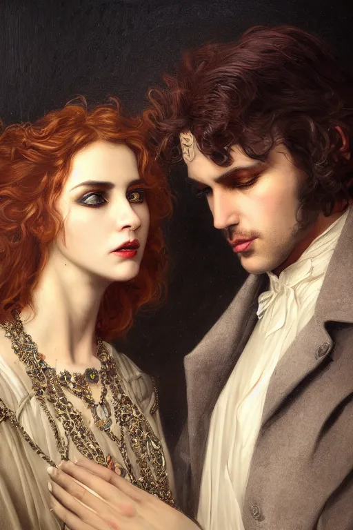 Image similar to a portrait of handsome young male rock star Satan and his elegant beautiful witch wife, bored, illustration, dramatic lighting, soft details, painting oil on canvas, art nouveau, octane render, HDR, 4k, 8k, HD, by Edmund Blair Leighton, Brom, Charlie Bowater, trending on artstation, faces by Tom Bagshaw, Sargent