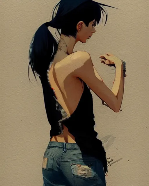 Prompt: a ultradetailed beautiful back painting of a stylish woman, she is wearing a black tank top and jeans, by conrad roset, greg rutkowski and makoto shinkai trending on artstation