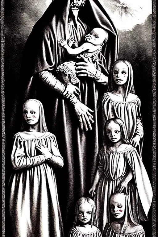 Image similar to renaissance style creepy family, wearing a crown and a cape, dark background, by richard corben