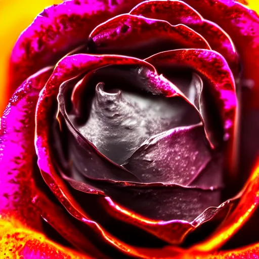 Image similar to award - winning macro of a beautiful black rose made of glowing molten magma