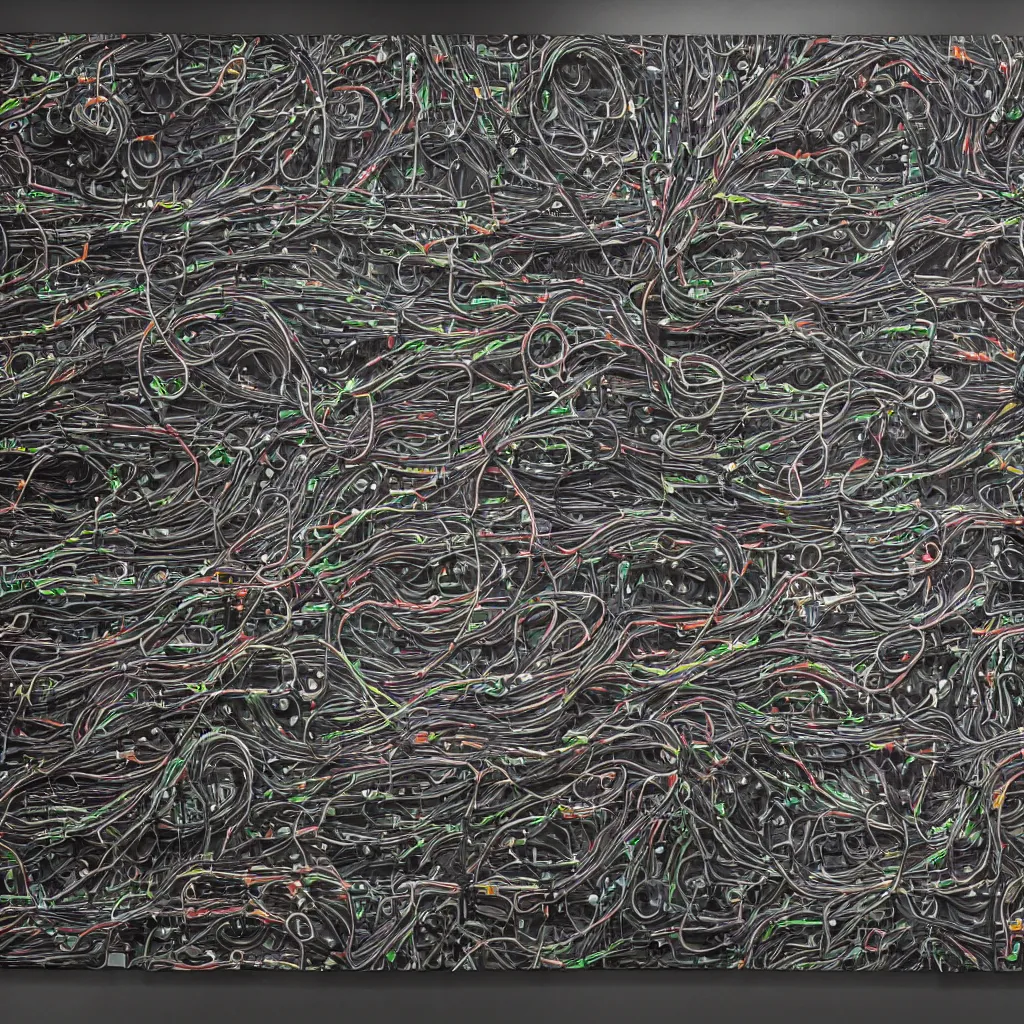 Prompt: Eurorack synthesizer wall with a bunch of patch cable connections, the eurorack's faceplate can be seen perfectly, detailed, high contrast, 8k, in the style of Caravaggio, oil painting