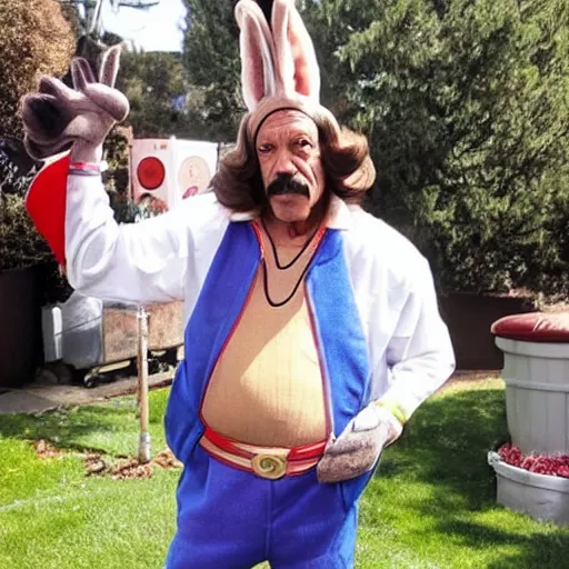 Image similar to Danny Trejo as Bugs Bunny live action movie, set photo in costume, cosplay, photograph