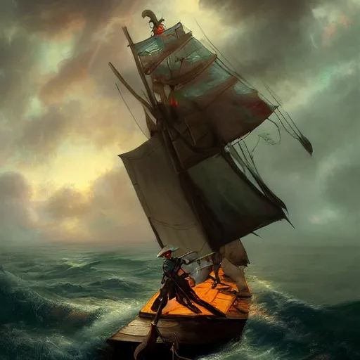 Image similar to a pirate with two wooden legs and two hook hands steering a wooden brigantine through a rain and lightning storm. first person deckhand pov, detailed dynamic light painting by peter mohrbacher