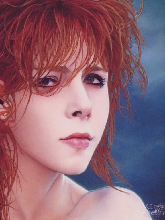 Image similar to close up picture of a beautiful mylene farmer, 1 9 9 0 - 2 0 0 0, highly detailed, detailed face, smooth, sharp focus, chiaroscuro, manga illustration, artgerm, greg rutkowski, alphonse mucha, young adult light novel cover art, fog